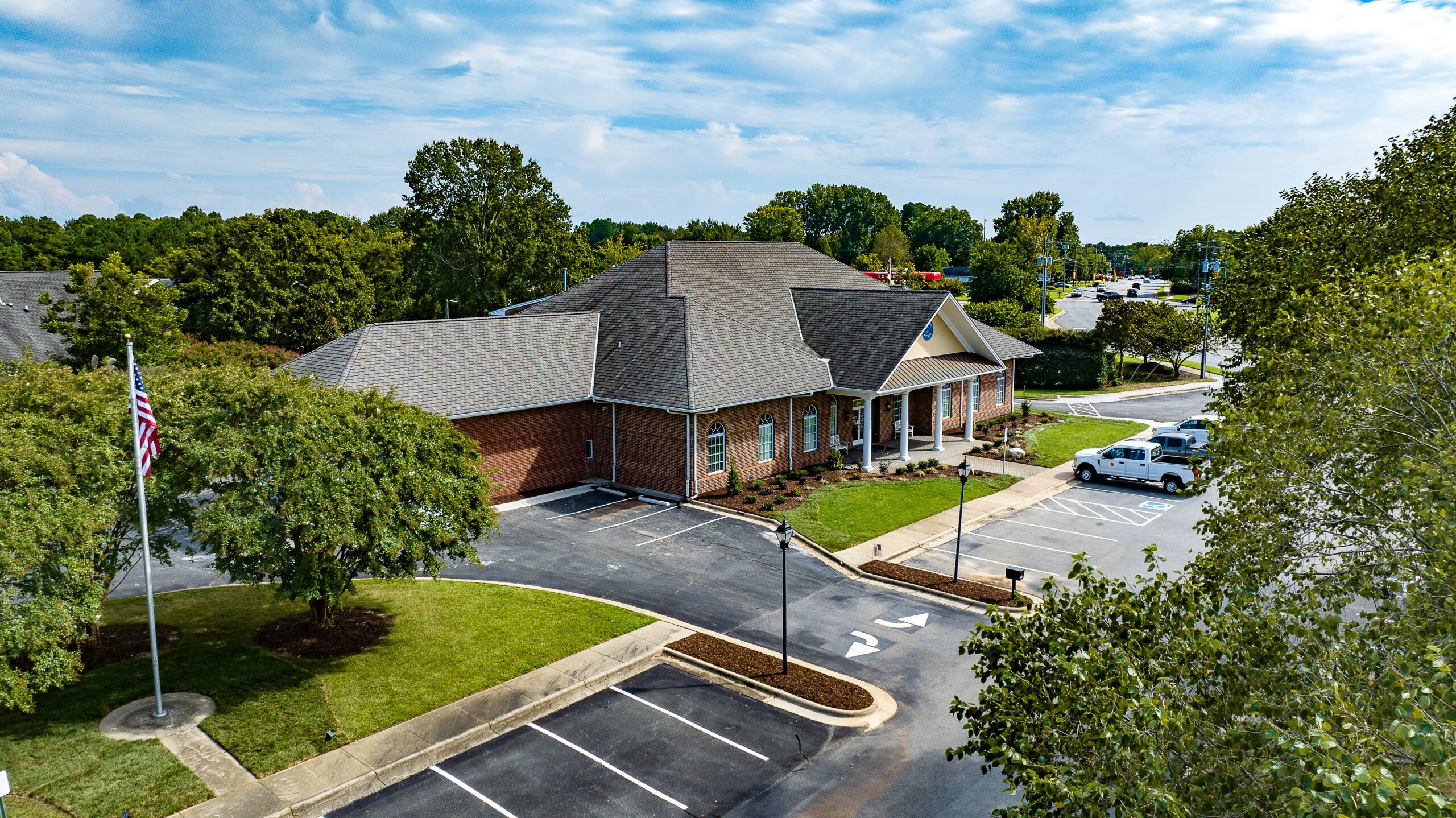 Drone photograph of Alamance County Board of Elections office.